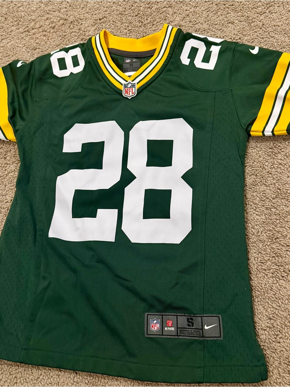 Nike Green and White Men's #28 Football Jersey with Yellow Trim